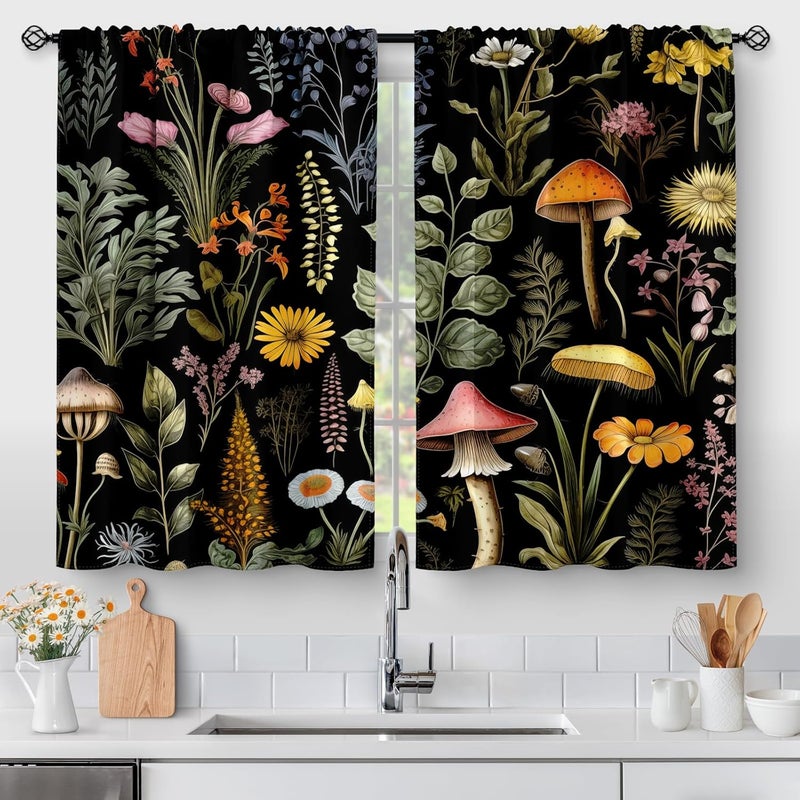 Aimego Boho Floral Kitchen Curtains - Bohemian Mushroom Vintage Plants Flowers Cafe Small Short Tier Window Curtains for Bathroom Living Room Decor Rod Pocket Window Drapes 36 Inch Length Set 28"x36" - Image 1